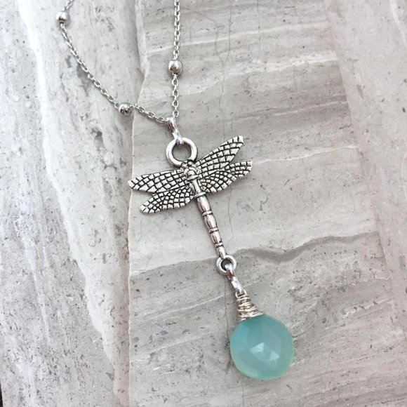 Silver Dragonfly Charm Necklace —  Aqua Gemstone - Picture 2 of 4